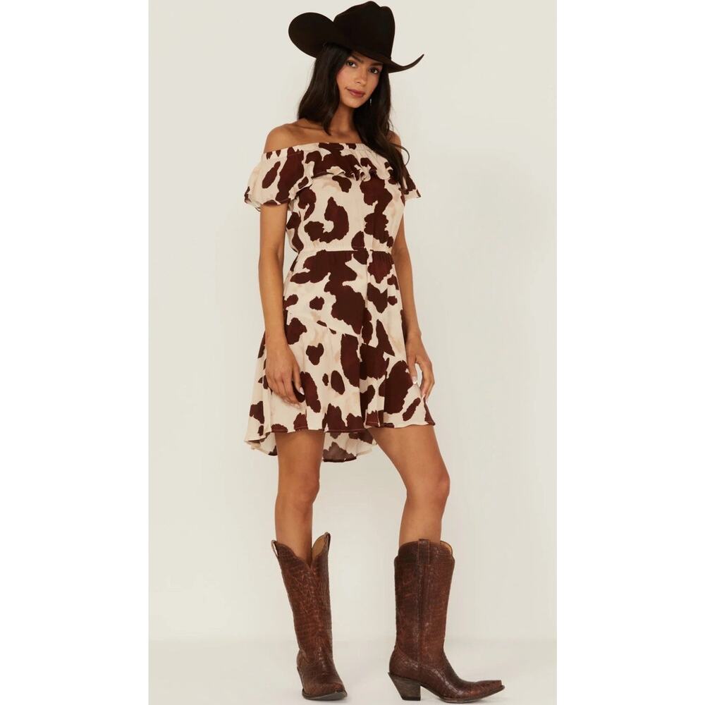IDYLLWIND | Women’s Made For This Off-Shoulder Cow Print Mini Dress Cowgirl- XS